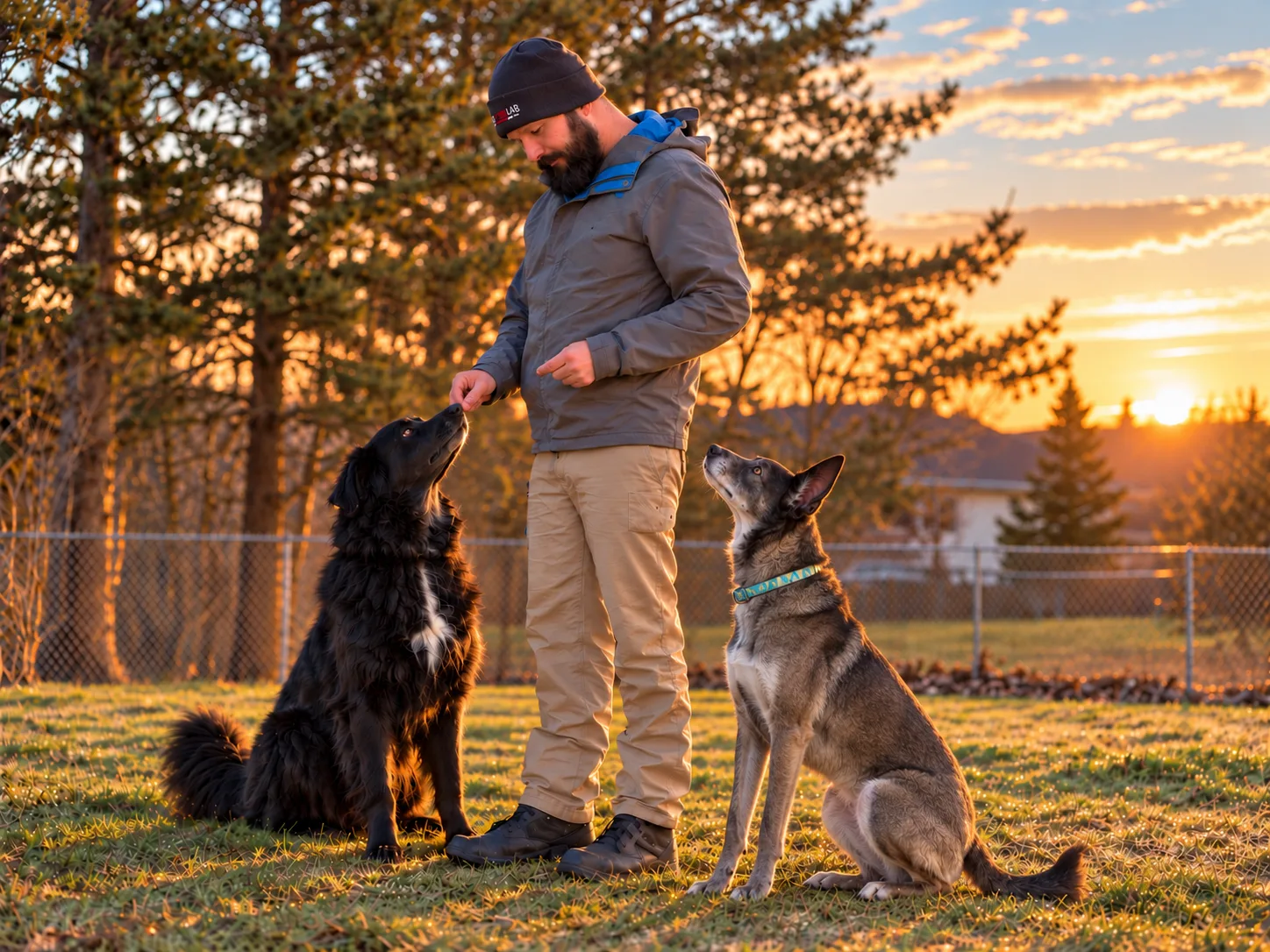 Island Canine behaviour work outdoors with Poe and Finn